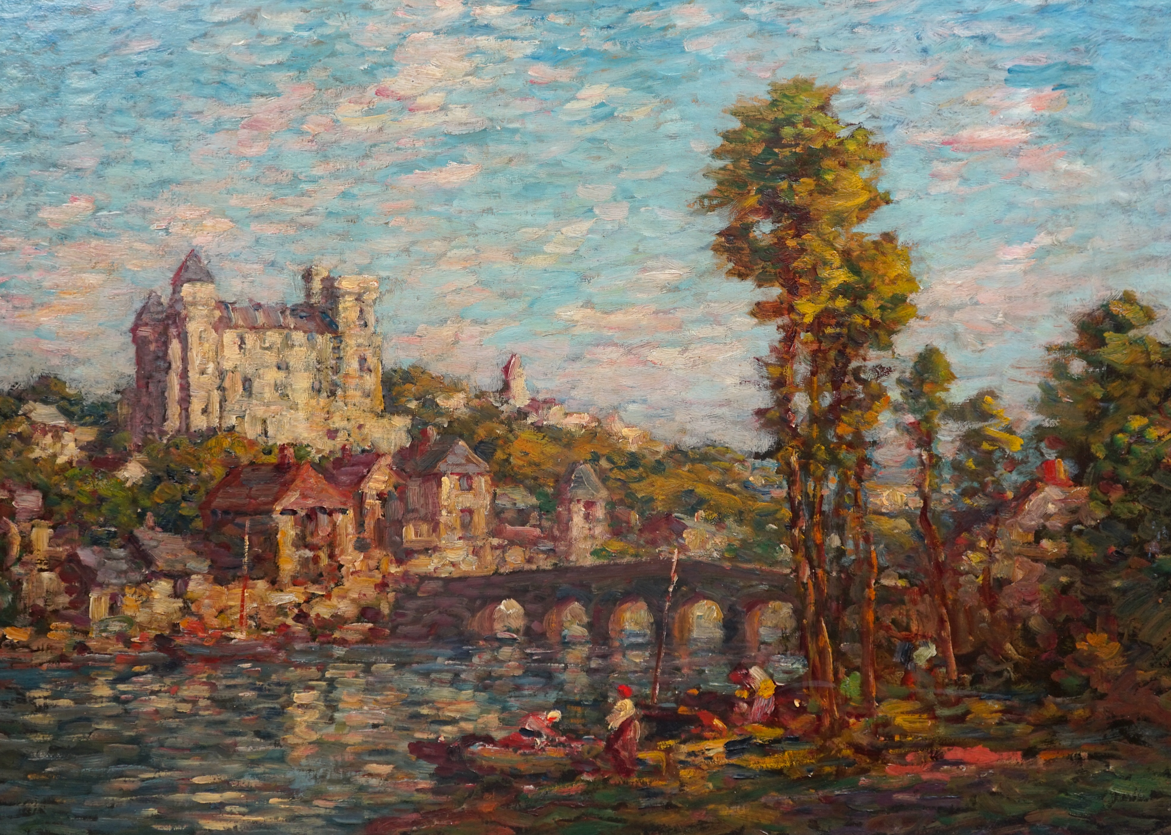 French Impressionist School , Chateau viewed from the river, oil on canvas, 57 x 80cm